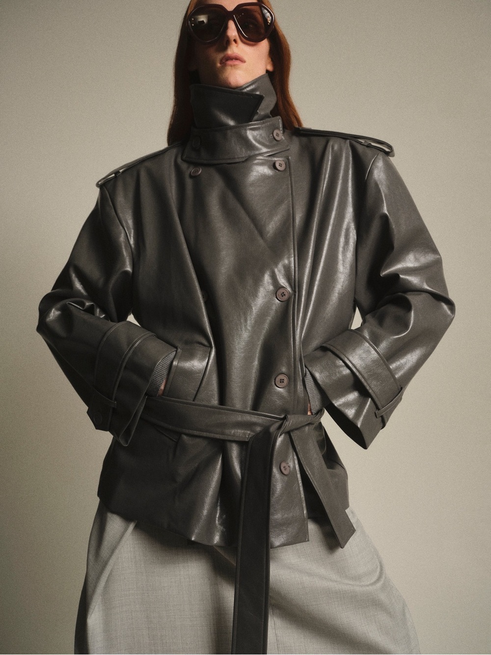 Source Unknown Black Faux Leather Trench Coat with Belt